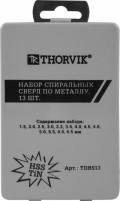 Набор спиральных сверл по металлу HSS TiN Thorvik TDBS13 (52480) - 13 сверл в упаковке, металлический кейс для хранения, свела выполнены из быстрорежущей стали с напылением нитрида титана